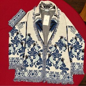Essitam Jacquard Belted Cardigan Women’s Size Medium Blue OJOUR- Bird And Palm